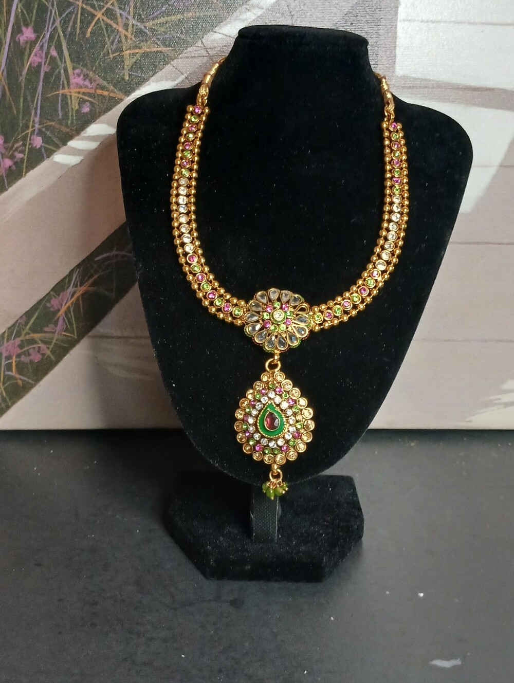 Gold-Tone Green & Pink Pendant Necklace for Women